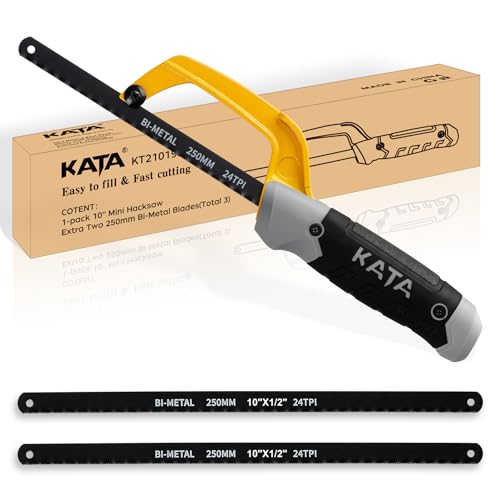 KATA Hacksaw, Compact Hand Operating Hack Saw with 10 Inch Aluminum Frame and 2 Piece Extra Flexible Bi-Metal HSS Blades, Suitable for Wood and Metal (Mini Hacksaw)