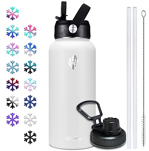 Elvira 32oz Vacuum Insulated Stainless Steel Water Bottle with Straw & Spout Lids, Double Wall Sweat-proof BPA Free to Keep Beverages Cold For 24Hrs or Hot For 12Hrs