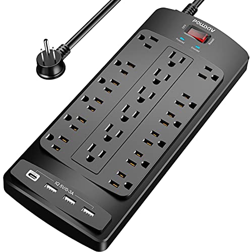 18 Outlets Surge Protector Power Strip - 6 Feet Flat Plug Heavy Duty Extension Cord with 18 Widely Outlets and 4 USB Ports, 2100 Joules, Black, ETL Listed