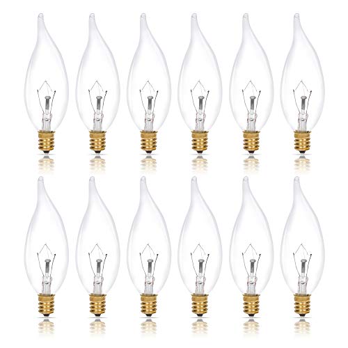 Simba Lighting Candelabra Flame Tip Clear CA10 25W E12 Base (12 Pack) Decorative Incandescent Light Bulbs 120V for Chandeliers, Ceiling Fan Lights, Pendants, Wall Sconces, Dimmable, Warm White 2700K