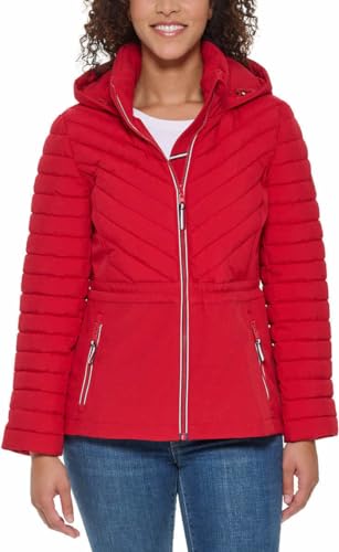 Tommy Hilfiger Women's Puffer Lightweight Hooded Stretch Jacket with Drawstring (Red, XXL)