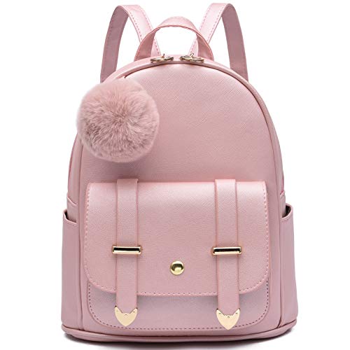 I IHAYNER Girls Fashion Backpack Mini Backpack Purse for Women Teenage Girls Purses PU Leather Pompom Backpack Shoulder Bag Gold Pink