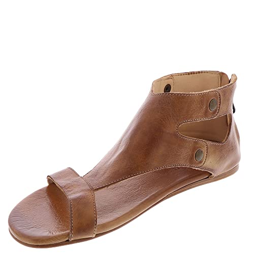 Bed|Stu Soto Women's Sandals - Leather Dress Sandal - Flat with Zipper Closure - Tan Rustic