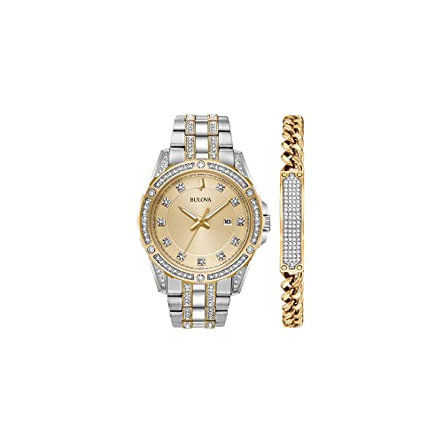 Bulova Men's Classic Two-Tone Stainless Steel Box Set with Champagne Dial Quartz Watch and Gold Tone Chain Bracelet, Crystal Accents Style: 98K106