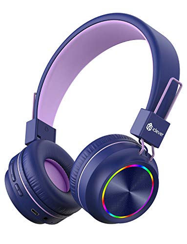 iClever BTH03 Kids Bluetooth Headphones Safe Volume, Colorful LED Lights, 25H Playtime, Stereo Sound Mic, Bluetooth 5.0, Foldable, On Ear Kids Wireless Headphones for Tablet (Dark Purple)