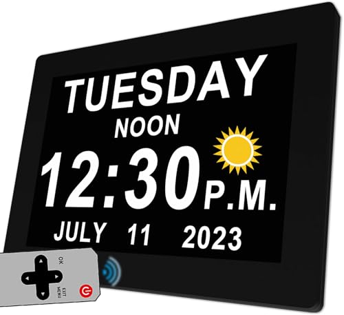 MASSII 19 Alarms Digital Clock with Auto DST and Sun Moon Icons, Custom Reminders and Calendar Clock, Day Date Clock for Seniors Dementia Alzheimers' Clock- 7 Inch with Remote Control