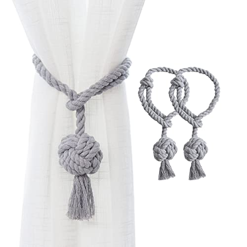 JQWUPUP 2 Pack Rustic Curtain Tiebacks - Outdoor Curtain Drapery Holdbacks Holders - Hand Knitting Cotton Rope Drape Tie Backs for Sheer and Blackout Curtain(Set of 2, Grey)