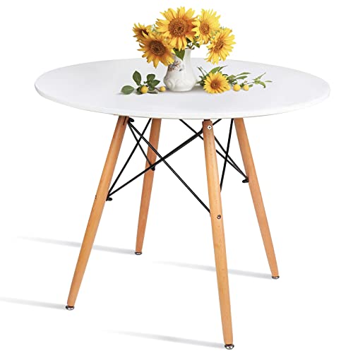 Round White Dining Kitchen Table Modern Leisure Table 31.5' with Wooden Legs for Office & Conference 2 to 4 People