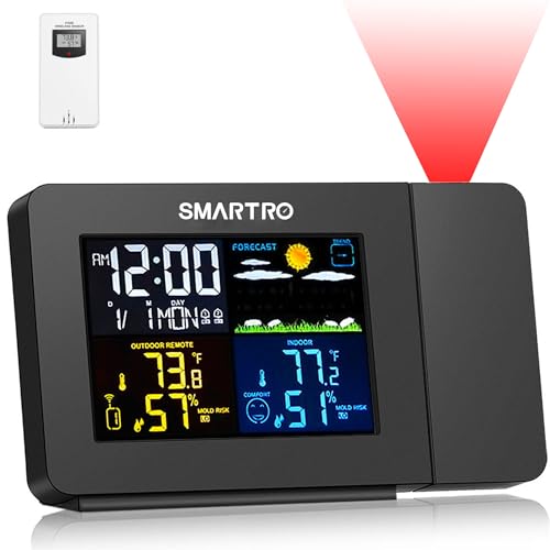 SMARTRO SC91 Projection Alarm Clock for Bedrooms with Weather Station, Wireless Indoor Outdoor Thermometer, Temperature Humidity Monitor Gauge Hygrometer