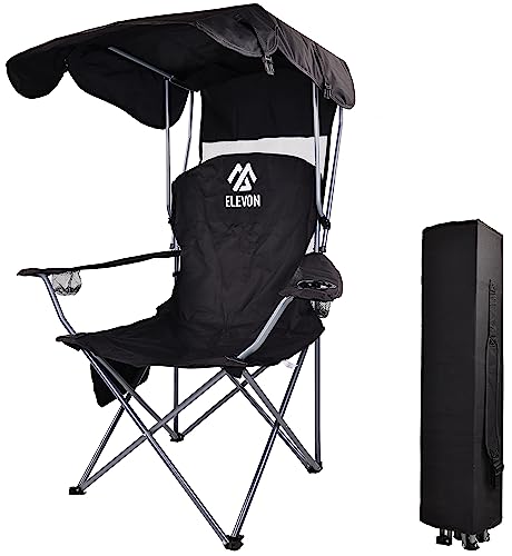 Elevon Camp Chairs with Shade Canopy Chair Folding Camping Recliner Support with Carrying Bag, Black