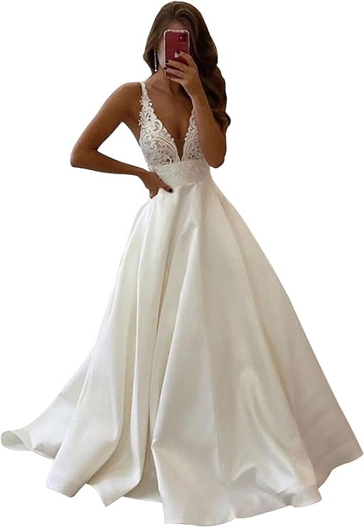 Ternlm Spaghetti Straps Wedding Dresses for Womens V Neck Backless Lace Appliqued Satin Wedding Gown for Bride 2024 White Size US2