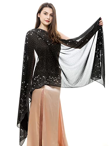 REEMONDE Womens Pashmina Shawls and Wraps for Evening Dresses Chiffon Bridal Shawl for Wedding Dressy Rhinestones Sparkly Scarf (Black)