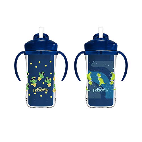 Dr. Brown's Milestones Insulated Sippy Cup with Straw and Handles, Spill-Proof Tumbler with Lid, 2-Pack, Blue Cactus and T-Rex Dinosaur Astronaut, 10 oz/300 mL, BPA Free, 12m+