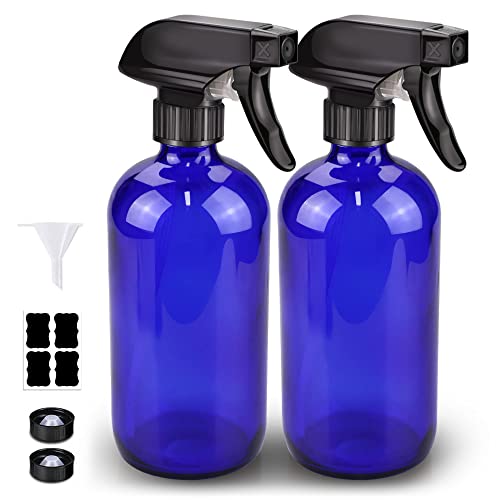 Bontip Glass Spray Bottle, Blue Glass Spray Bottle Set & Accessories for Non-toxic Window Cleaners Aromatherapy Facial Hydration Watering Flowers Hair Care (2 Pack/16oz) (Blue)