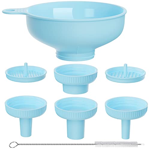 Pisol Wide Mouth Versatile Funnel, Canning Funnels for Kitchen Use, Food Grade Plastic Cooking Funnel Set with 4 Size Spouts and 2 Strainers for Filling Different Bottles and Bags, Blue