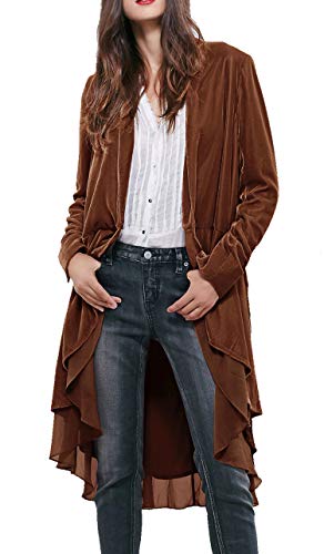 R.Vivimos Womens Ruffled Asymmetric Long Velvet Blazers Coat Casual Jackets (Large, Brown)