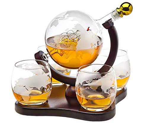 Godinger Whiskey Decanter Globe Set with 4 Etched Glasses for Liquor, Scotch, Bourbon, Vodka, Gifts for Men - 850ml Clear