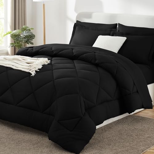 CozyLux Queen Comforter Set with Sheets 7 Pieces Bed in a Bag Black All Season Bedding Sets with Comforter, Pillow Shams, Flat Sheet, Fitted Sheet and Pillowcases