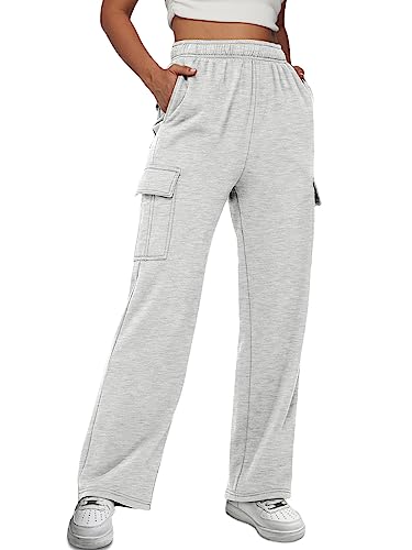 AUTOMET Womens Cargo Sweatpants Cinch Bottom Fleece High Waisted Joggers Pants Athletic Lounge Trousers with Pockets Grey