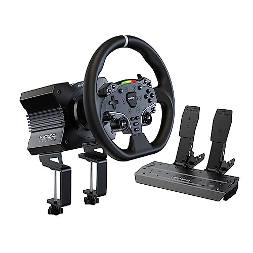 MOZA R5 All-in-One PC Gaming Racing Simulator 3PCS Bundle: 5.5Nm Direct Drive Wheel Base, 11-inch Racing Wheel, Anti-Slip Pedals and a Desk Clamp, Cloud-based App Control