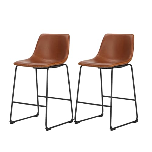Sweetcrispy Dining Chairs Set of 2， Modern Upholstered Dining Room Bar Chairs with PU Leather Cushion and Metal Legs, 26 inch Seat Height Counter Height Bar Stools for Kitchen Island, Whiskey Brown