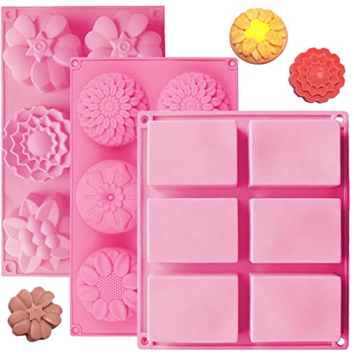OBSGUMU 3 Pack Silicone Soap Molds, 6 Cavities Flower Making Mold, Included Rectangle Shape Supplies, Perfect for Handmade Soaps, Homemade Chocolate