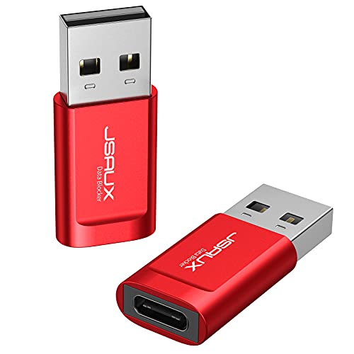 JSAUX USB-C Data Blocker, (2-Pack) USB-A to USB-C Female Defender Only for Quick Charge, Protect Against Juice Jacking, Refuse Hacking Provide Safe Charging- Red