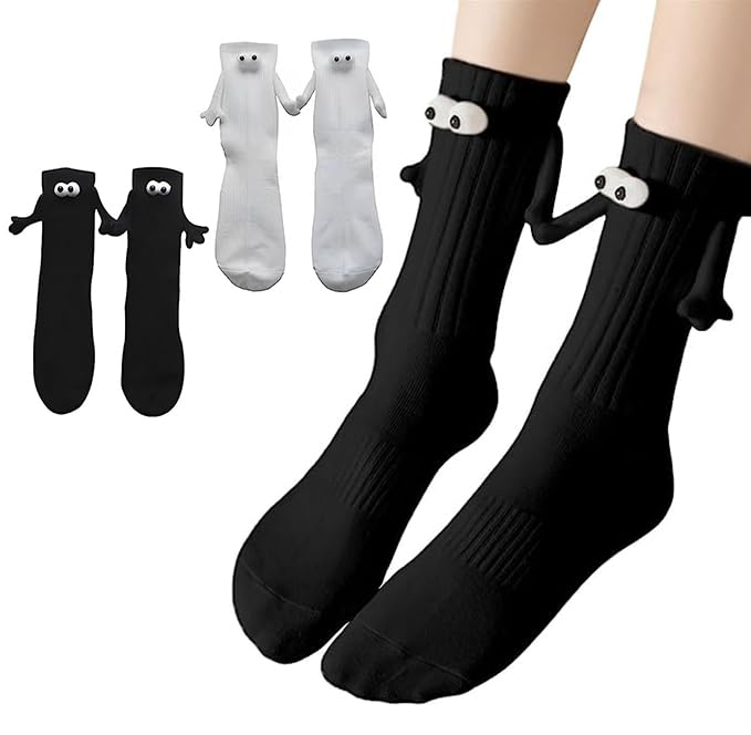 Smilelife 2 Pairs Magnetic Holding Hands Socks Funny Socks Gift For Lovers, Couple, Family, Coworkers, Buddies (Black+White)