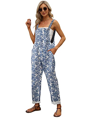 Gihuo Women's Fashion Baggy Loose Linen Overalls Jumpsuit Oversized Casual Sleeveless Rompers with Pockets (03Blue-L)