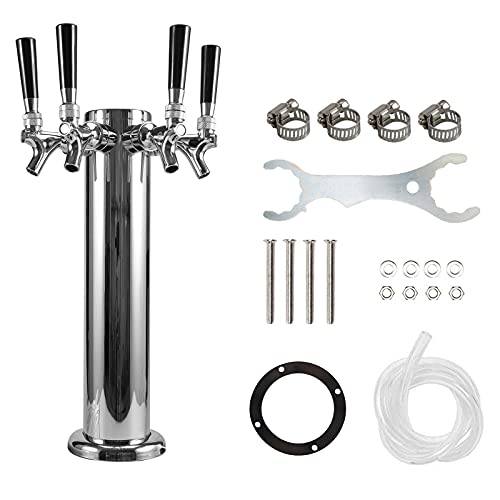 Four Tap Beer Dispenser Tower Chrome Draft Beer Kegerator Tower 3' Diameter Stainless Steel Beer Tower with 4 Faucets, Beer Line and Beer Tower assemble accessory for Beer Keg Kegging System by LUCKEG