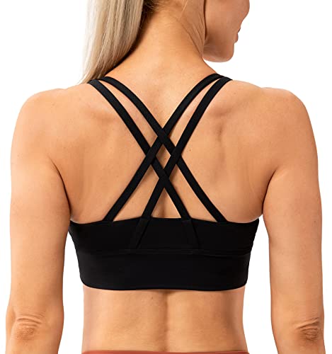 Lavento Women's Strappy Sports Bra Long Line Medium Support Energy Workout Training Top (Black, Medium)