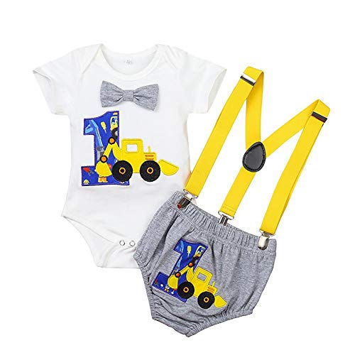 First 1st 2nd Birthday Cake Smash Outfit Baby Excavator Outfit 1st Birthday Construction Party 1 Year Old Boy B-Day Photo Props Costume Gentleman Bodysuit Rompers Suit Playsuit Photo Props 6-12 Months