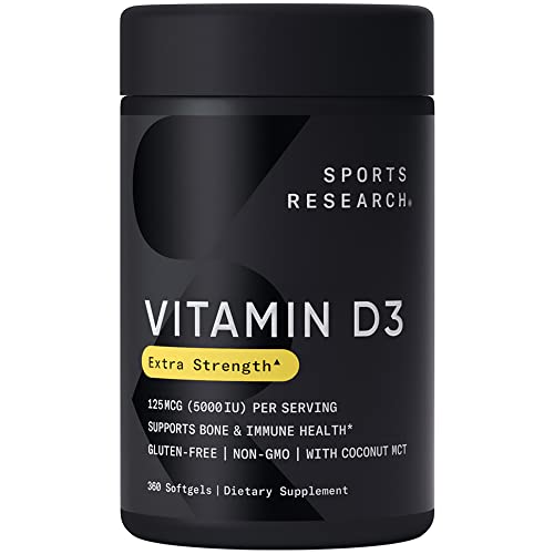 Sports Research Vitamin D3 5000 IU with Coconut MCT Oil - High Potency Vitamin D Supplement for Immune & Bone Support - Non-GMO Verified, Gluten & Soy Free – 125mcg, 360 Liquid Softgels