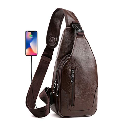 Seoky Rop Men Sling Bag Anti Theft Shoulder Bag Small Leather Crossbody Sling Backpack with USB Charge Port Dark Brown