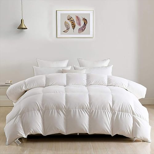 DWR Luxury Feathers Down Comforter Full/Queen, Hotel-Style Fluffy Duvet Insert, Ultra-Soft Egyptian Cotton Fabric, 750 Fill Power 46oz Medium Weight for All Season(90x90, White)