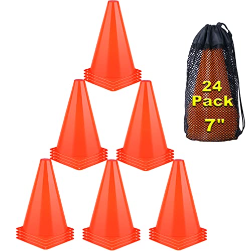 7 Inch Cones Sports, 24 Pack Orange Soccer Cones Agility Field Marker Plastic Traffic Training Cones for Basketball Football Skating Drills Practice - Indoor and Outdoor Festive Events Obstacle Course