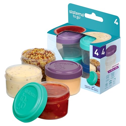 Sistema 4-Piece Salad Dressing and Condiment Containers with Lids for Lunch, Dishwasher Safe, 1.18-Ounce, Assorted