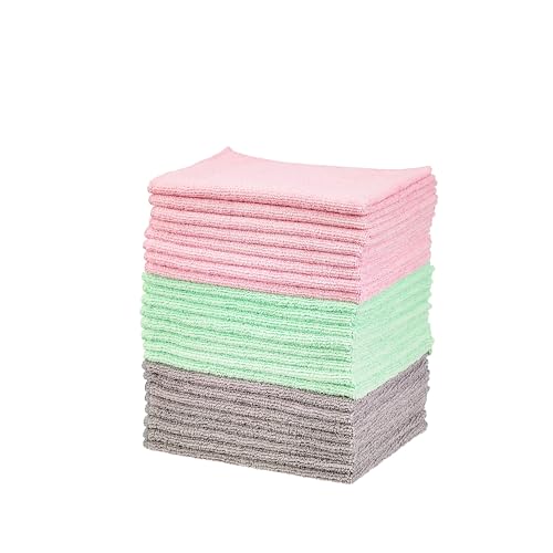 Amazon Basics Microfiber Cleaning Cloths, Non-Abrasive, Reusable and Washable, Pack of 24, Green/Gray/Pink, 16' x 12'