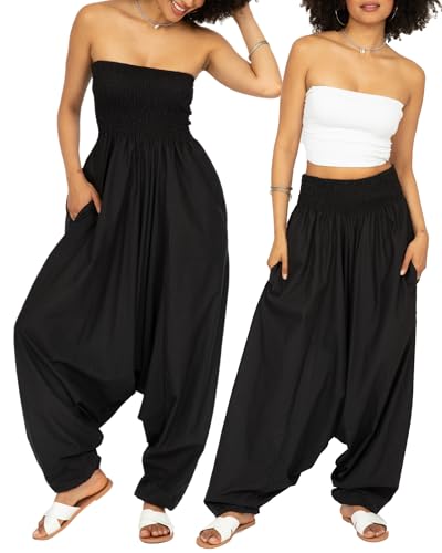 likemary Jumpsuits for Women - Convertible Rompers into Harem Pants - One Size Cotton Jumpers - Maxi Length Outfit & Pockets - Comfortable Strapless Black Jumpsuit for Women