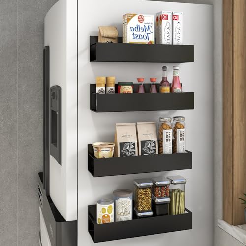 HETMI Magnetic Spice Rack for Refrigerator, magnetic shelves 、Magnetic Fridge Organizer Magnetic Shelf（ 4 Pack Black）