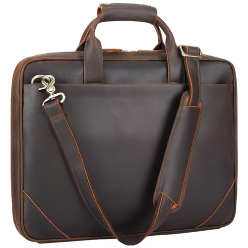Full Grain Leather Slim Briefcase for Men 15.6 Inch Laptop Crossbody Shoulder Messenger Bags Brown Vintage Attache Case Business Work Lawyer Computer Bag