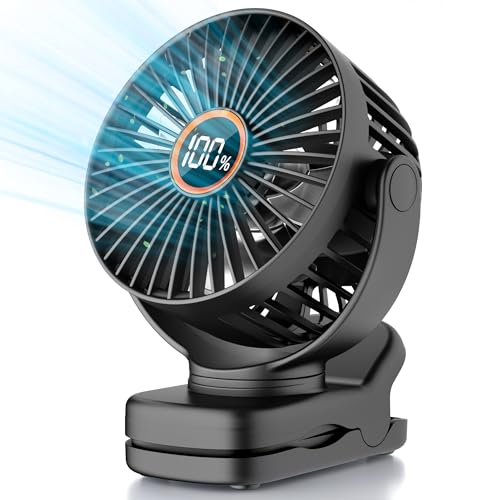 TUNISE Mini Clip on Fan, Battery Operated Desk Fan, Digital display，3 Speeds Adjustable, Bidirectional 360 ° Adjustable, Super Strong Wind, Portable Fan for Home Office Stroller Camping Black