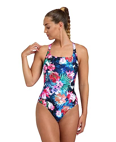 Arena Feel Women's Flower Control Pro Back US Swimsuit Perfect Fit Stretchy One Piece Stylish Pool Bathing Suit, Black/Black Multi, US Size 38