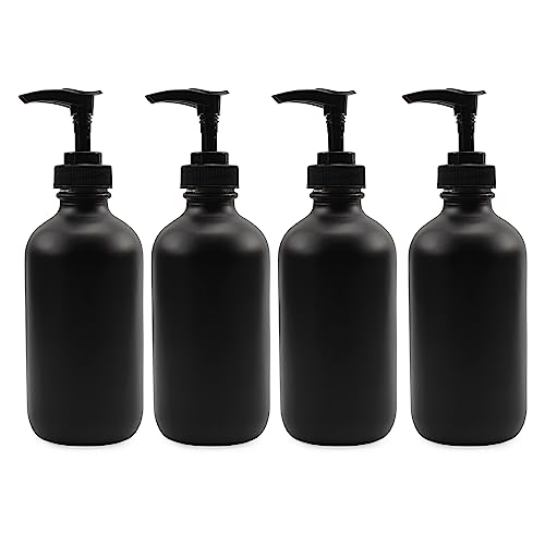Cornucopia Black Coated 8-Ounce Glass Pump Bottles (4-Pack), Great for Lotions, Liquid Soap, Aromatherapy and More