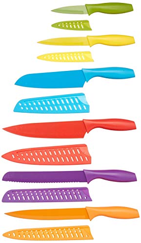 Amazon Basics Color-Coded Kitchen 12-Piece Knife Set, 6 Knives with 6 Blade Guards, Multicolor, 13.88 x 4.13 x 1.38 inch