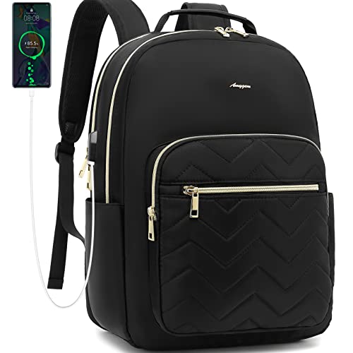 AMYGEM Laptop Backpack Travel Backpack for women, Water Resistant college Book Bag Computer Back Pack with USB Charging Port for Teacher Nurse, Fits for 15.6 Inch Laptop, Black