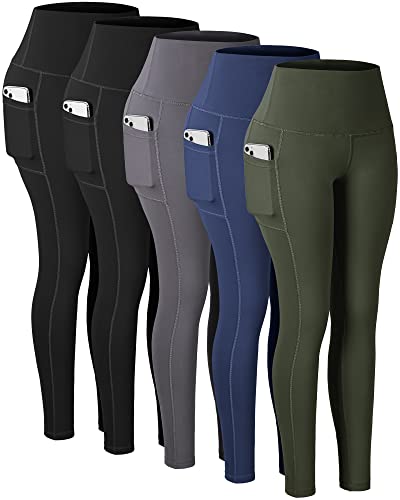 CHRLEISURE Leggings with Pockets for Women, High Waisted Tummy Control Workout Yoga Pants(2Black,DGray,Navy,JLGreen, XL)