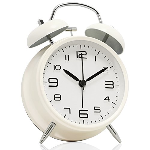 Betus [Non-Ticking Twin Bell Alarm Clock - Metal Frame 3D Dial with Backlight Function - Desk Table Clock for Home & Office - Milk White