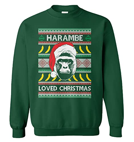 Haase Unlimited Harambe Loved Christmas - RIP Gorilla Meme Unisex Crewneck Sweatshirt (Forest Green, Small)