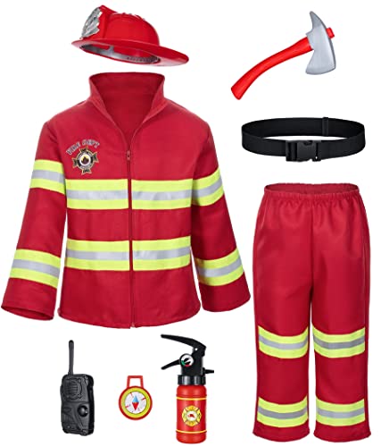 Kid's Fireman Firefighter Costume Toys with Complete Accessories for Boys and Girls Birthday Halloween Party Dress Up Red 3T 4T (110cm)